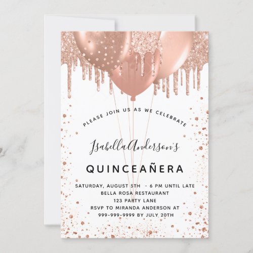Rose gold balloons white Quinceanera Invitation
