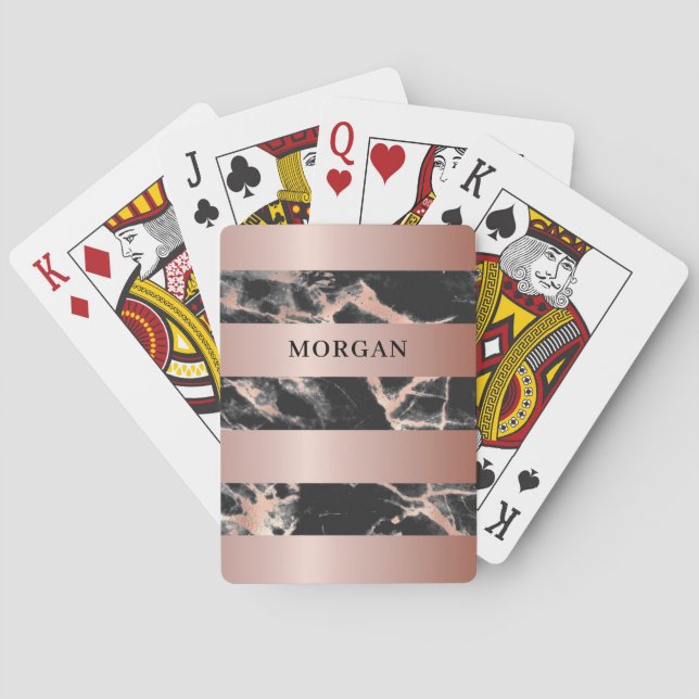 Rose Gold Bands, Black & Rose Gold Marble, Name Poker Cards (Back)