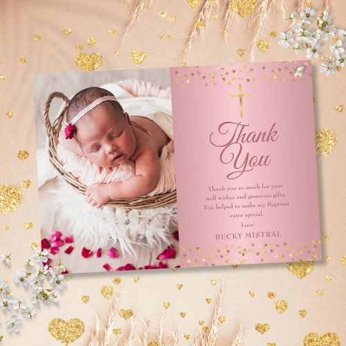 Rose Gold Baptism Christening Hearts Photo Thank You Card