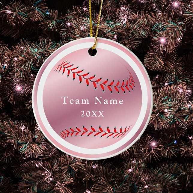 Rose Gold Baseball Softball Team Name & Year Pink  Ceramic Ornament (Creator Uploaded)
