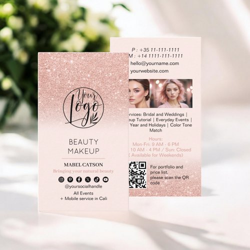 Rose Gold Beauty Makeup Artist Photos QR Code Business Card