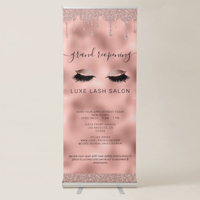 Rose Gold Beauty Salon Reopening Covid Safety Retractable Banner (Front)