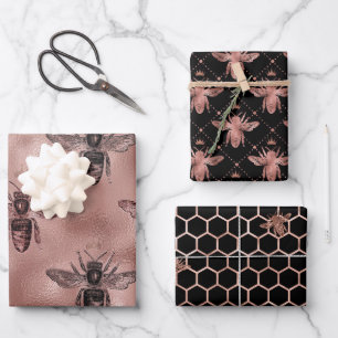 Rose Gold Bee Pattern Wrapping Paper Sheets
