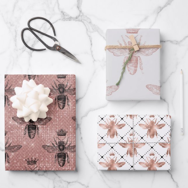 Rose Gold Bee Pattern Wrapping Paper Sheets (Front)