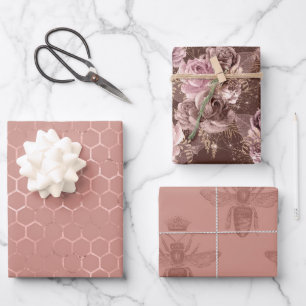 Rose Gold Bees and Floral Wrapping Paper Sheets
