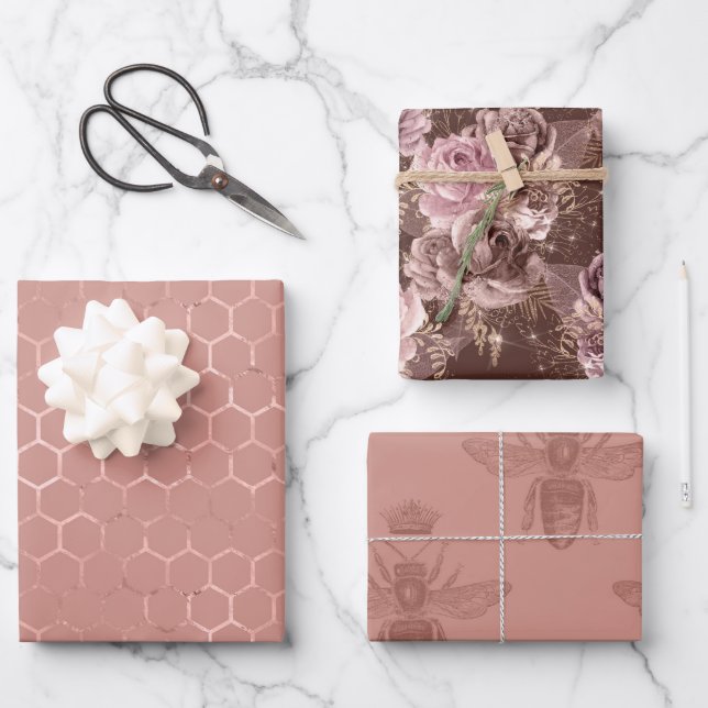 Rose Gold Bees and Floral Wrapping Paper Sheets (Front)
