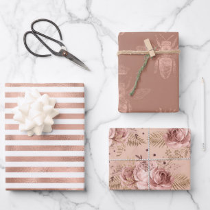 Rose Gold Bees and Floral Wrapping Paper Sheets