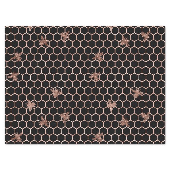 Rose Gold Bees and Honeycomb on Black Decoupage Tissue Paper