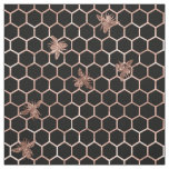 Rose Gold Bees and Honeycomb on Black Fabric