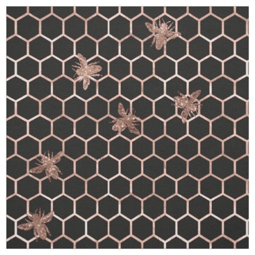 Rose Gold Bees and Honeycomb on Black Fabric