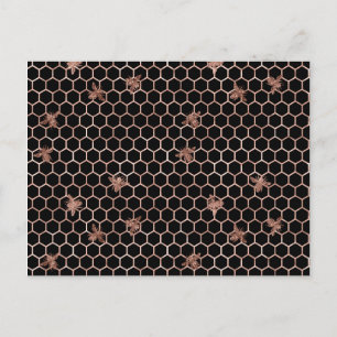 Rose Gold Bees and Honeycomb on Black Postcard