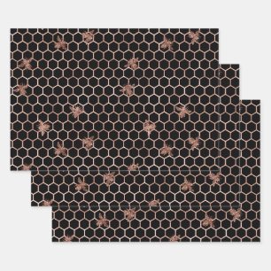 Rose Gold Bees and Honeycomb on Black Wrapping Paper Sheets
