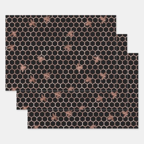 Rose Gold Bees and Honeycomb on Black Wrapping Paper Sheets
