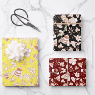 Rose Gold Bees & Flowers Wrapping Paper Sheets