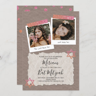 Rose Gold, Beige Scrapbook Bat Mitzvah Invite
