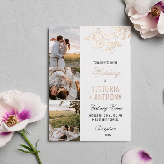 Rose Gold Berry Twig 3 Photos Wedding Foil Invitation (Creator Uploaded)
