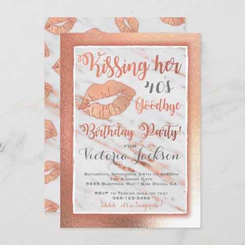 Rose Gold Birtdhay Party kiss lips on marble Invitation