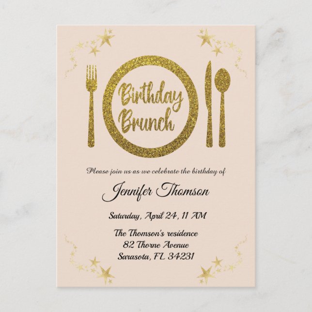 Rose gold birthday brunch invitation postcard (Front)