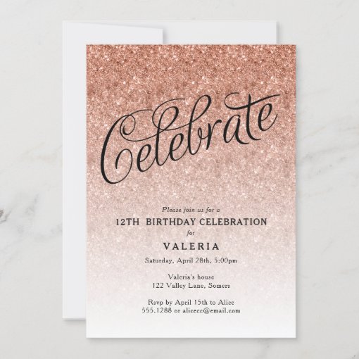 Rose Gold Birthday Celebrate Glitter Invitation | Zazzle