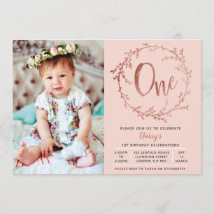 Rose Gold Birthday Girls 1st birthday invitation