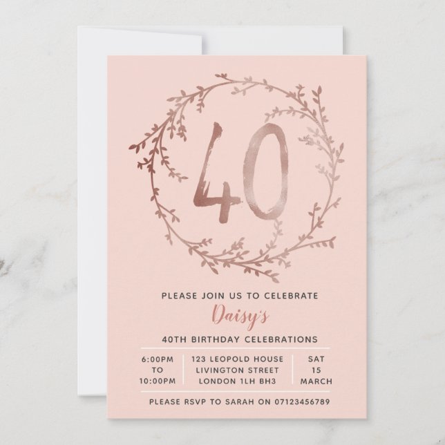 Rose Gold Birthday Girls 40th birthday invitation (Front)