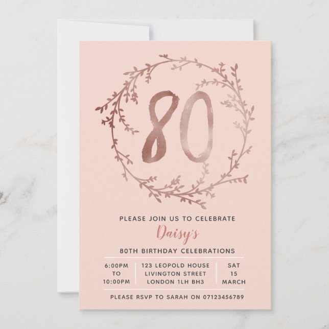 Rose Gold Birthday Girls 80th birthday invitation (Front)