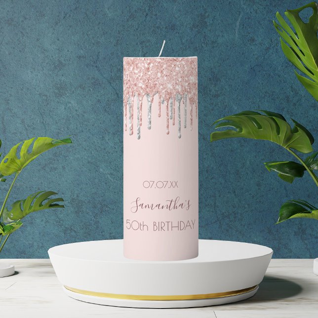 Rose gold birthday glitter drips pink silver pillar candle (Creator Uploaded)