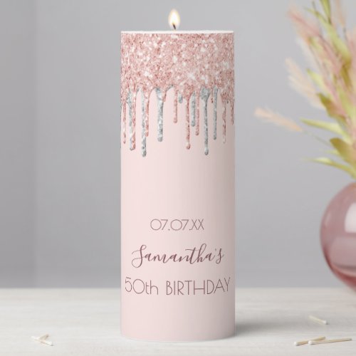 Rose gold birthday glitter drips pink silver pillar candle