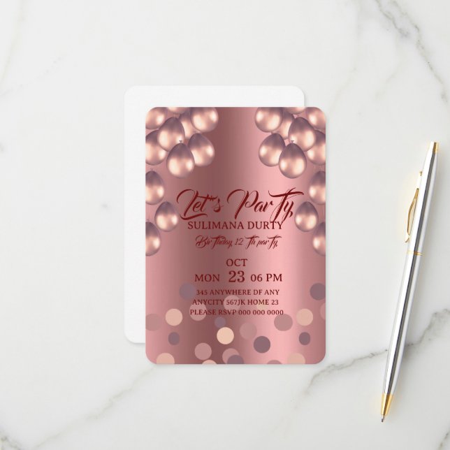 Rose Gold Birthday Invitation Template: Let's Part (Front/Back In Situ)
