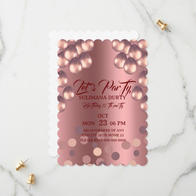 Rose Gold Birthday Invitation Template: Let's Part (Front/Back In Situ)