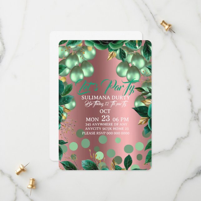 Rose Gold Birthday Invitation Template: Let's Part (Front/Back In Situ)