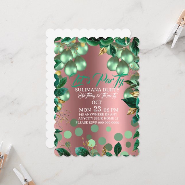 Rose Gold Birthday Invitation Template: Let's Part (Front/Back In Situ)