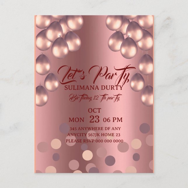 Rose Gold Birthday Invitation Template: Let's Part Postcard (Front)