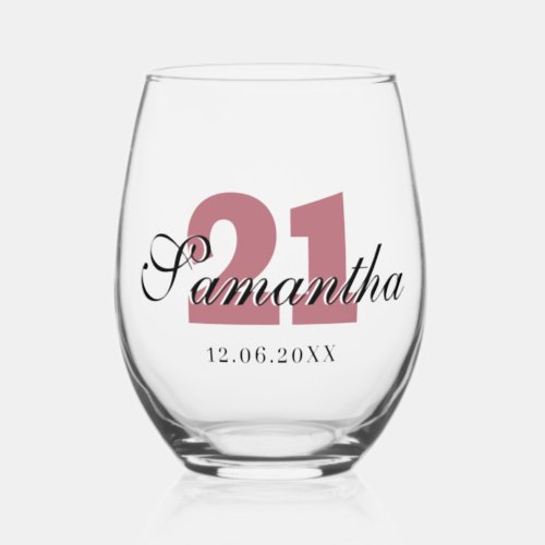 Rose Gold Birthday Number  Black 3D Name Date Stemless Wine Glass