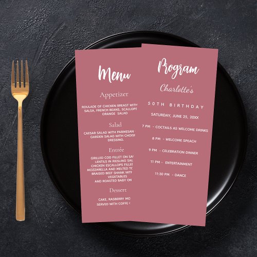Rose gold birthday program dinner menu card