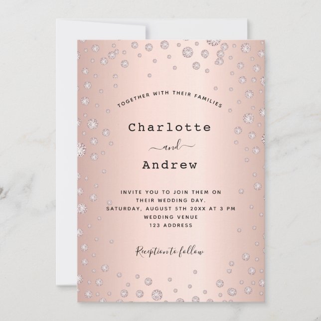 Rose gold bkush diamonds elegant glamorous wedding invitation (Front)