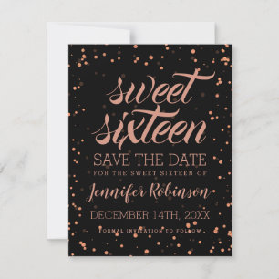 Rose Gold Blac Sweet 16 Save Date Sparkle Confetti Save The Date