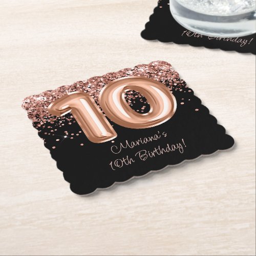  Rose Gold Black 10th Birthday Party Paper Coaster