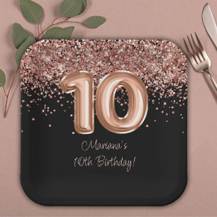 Rose Gold Black 10th Birthday Party Paper Plates