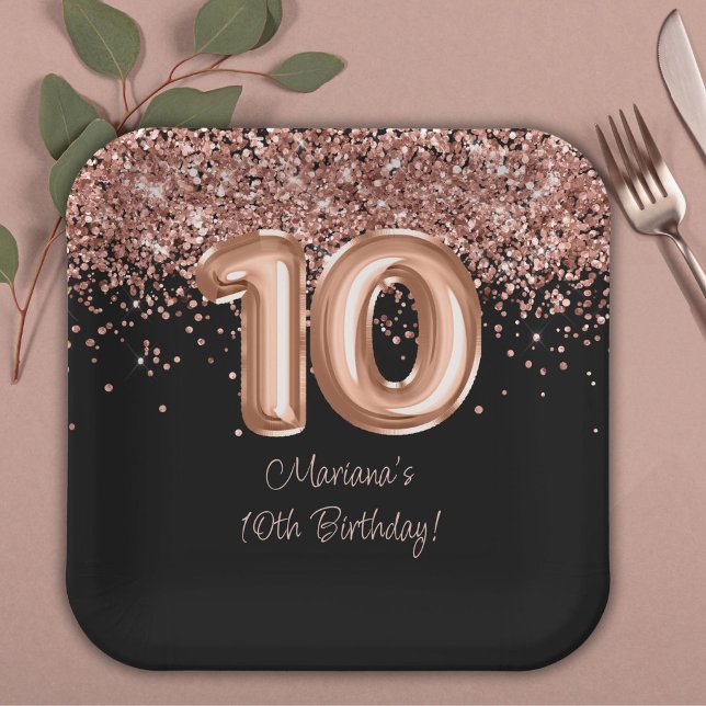  Rose Gold Black 10th Birthday Party Paper Plates (Creator Uploaded)