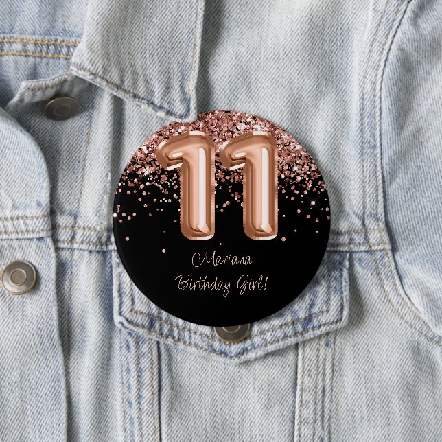 Rose Gold Black 11th Birthday Party Button (In Situ)