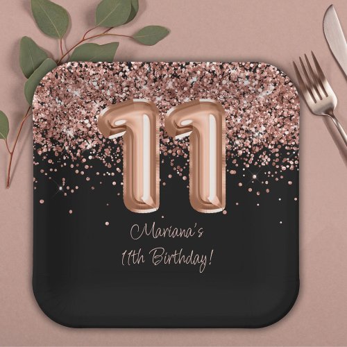  Rose Gold Black 11th Birthday Party Paper Plates