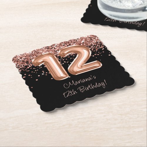  Rose Gold Black 12th Birthday Party Paper Coaster