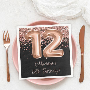 Rose Gold Black 12th Birthday Party Paper Dinner Napkins