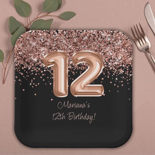 Rose Gold Black 12th Birthday Party Paper Plates
