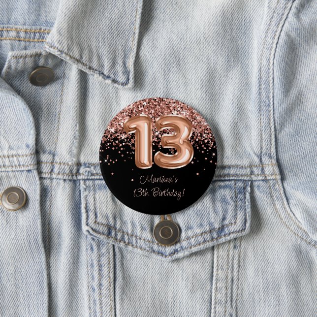 Rose Gold Black 13th Birthday Party Button (In Situ)