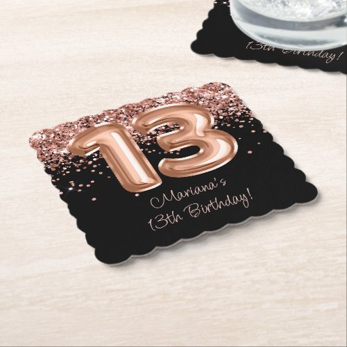  Rose Gold Black 13th Birthday Party Paper Coaster