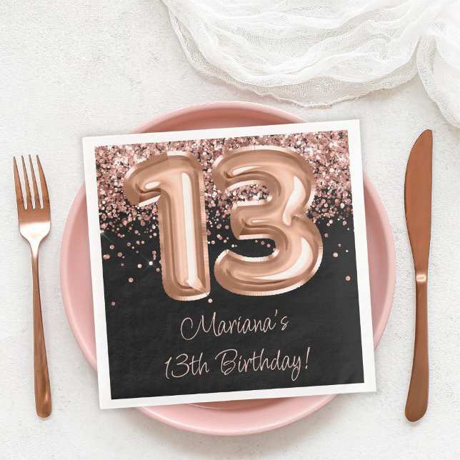  Rose Gold Black 13th Birthday Party Paper Dinner Napkins (Creator Uploaded)