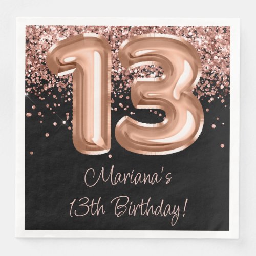  Rose Gold Black 13th Birthday Party Paper Dinner Napkins