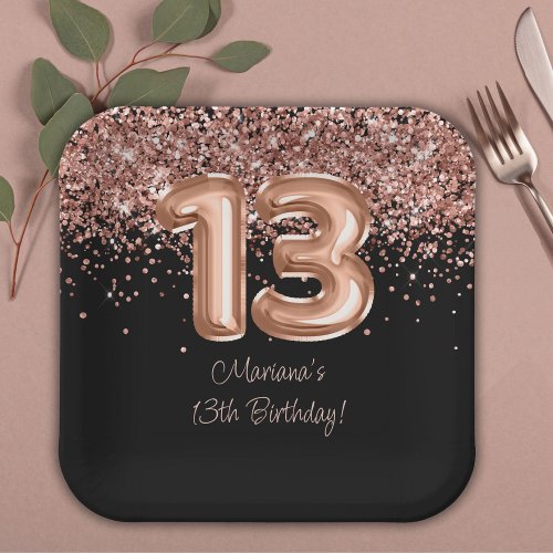 Rose Gold Black 13th Birthday Party Paper Plates